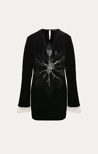 Black velvet blouse with flower applique