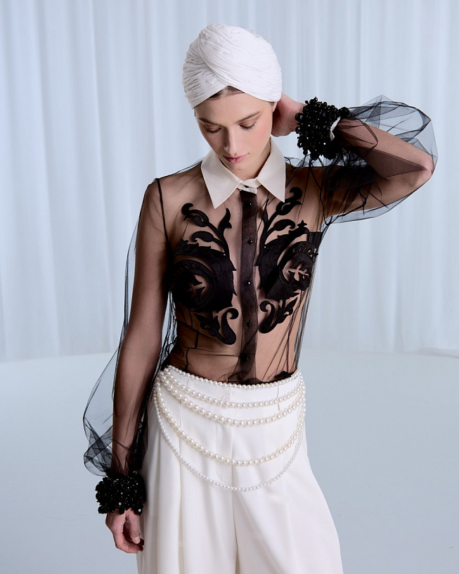Black mesh blouse with appliqués
