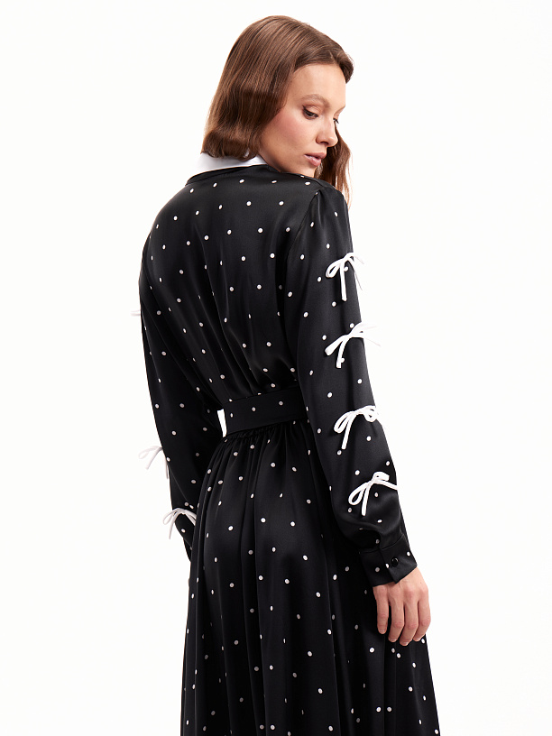 Black silk midi dress with white polka dots