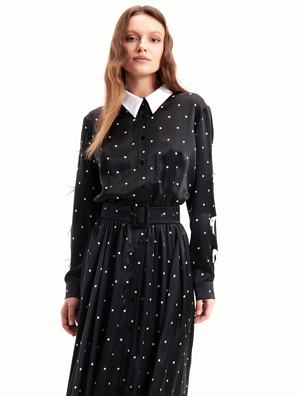 Black silk midi dress with white polka dots