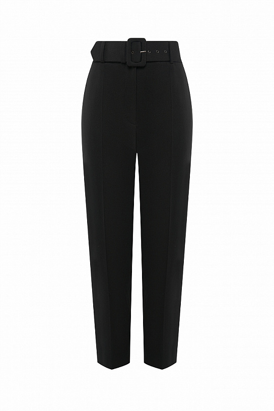 Trousers are black, narrowed