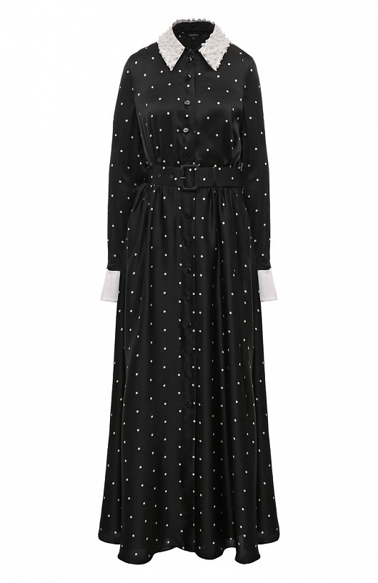 Black white polka dot silk dress with collar and white cuffs